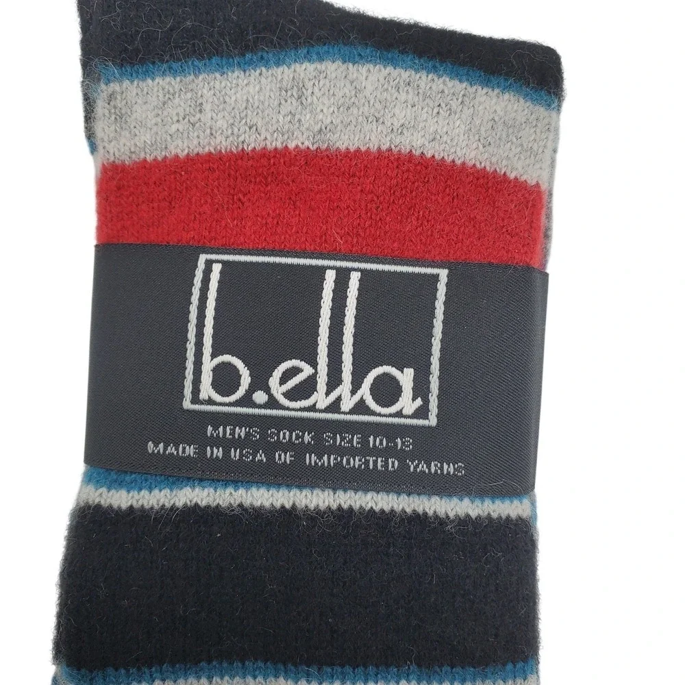 Stripe Cashmere Crew Socks Mens Large 10-13 Black Grey Red B.ella Dress Luxury